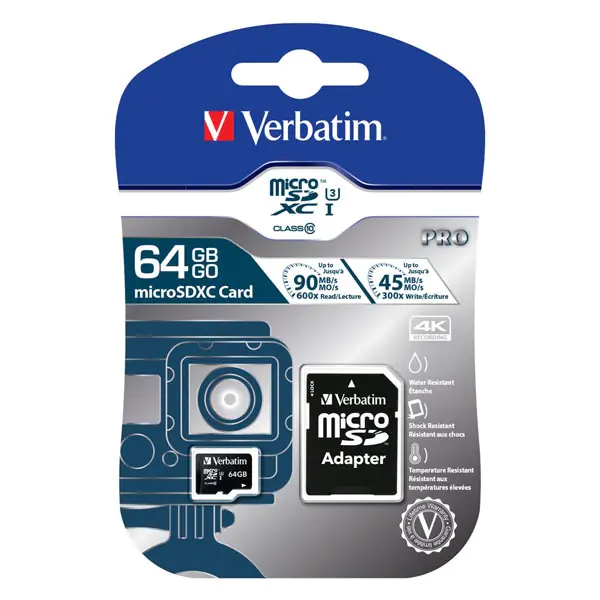 ⁨Verbatim Micro Secure Digital Card Pro U3, 64GB, micro SDXC, 47042, UHS-I U1 (Class 10), with adapter⁩ at Wasserman.eu