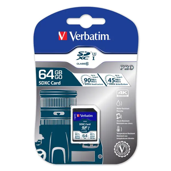 ⁨Verbatim Karta pamięci Secure Digital Card Pro U3, 64GB, SDXC, 47022, UHS-I U3 (Class 10), V30⁩ w sklepie Wasserman.eu