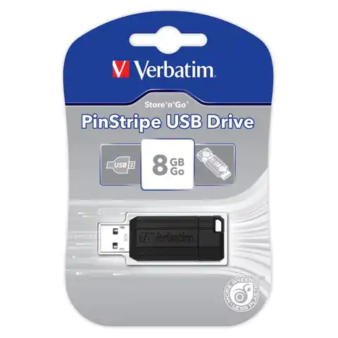 ⁨Verbatim USB flash disk, USB 2.0, 8GB, PinStripe, Store N Go, black, 49062, USB A, with retractable connector⁩ at Wasserman.eu