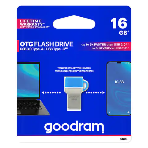 ⁨Goodram USB flash disk OTG, USB 3.0, 16GB, ODD3, niebieski, ODD3-0160B0R11, USB A / USB C, z osłoną⁩ w sklepie Wasserman.eu