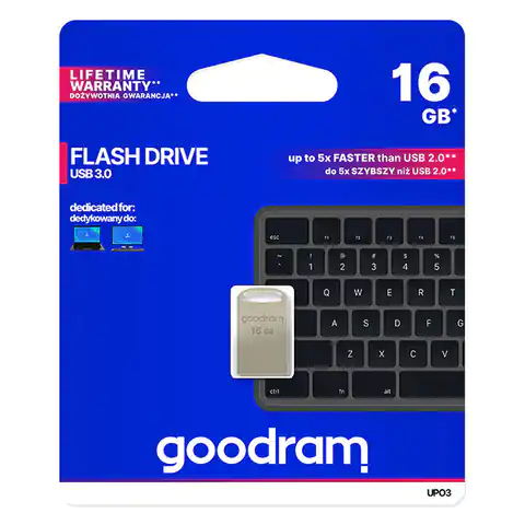 ⁨Goodram USB flash disk, USB 3.0, 16GB, UPO3, srebrny, UPO3-0160S0R11, USB A, z oczkiem na brelok⁩ w sklepie Wasserman.eu