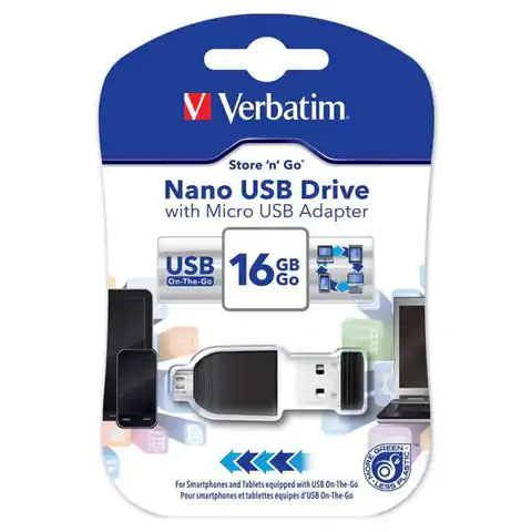 ⁨Verbatim USB flash disk, USB 2.0, 16GB, Nano, Store N Go, black, 49821, USB A, with Micro USB Adapter⁩ at Wasserman.eu