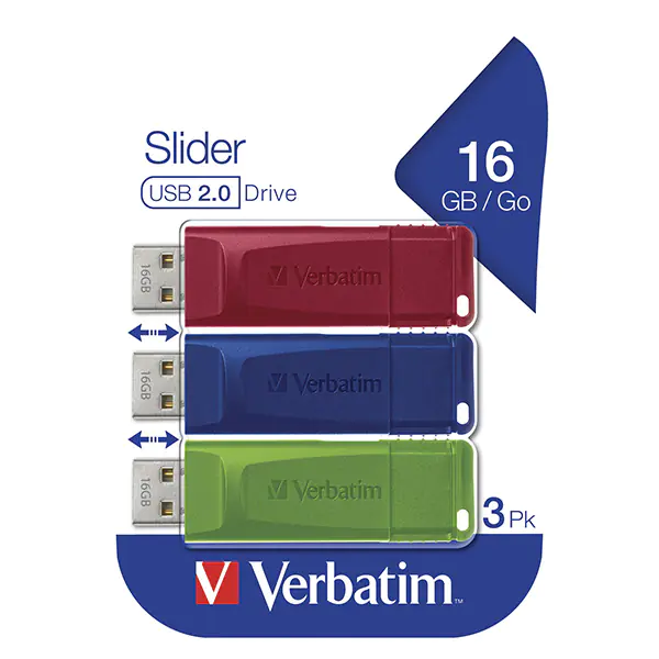 ⁨Verbatim USB flash disk, USB 2.0, 16GB, Slider, green, blue, red, 49326, USB A, with retractable connector. 3 pcs⁩ at Wasserman.eu