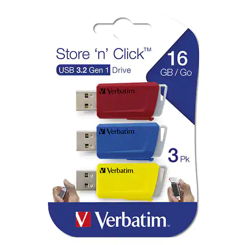 ⁨Verbatim USB flash disk, USB 3.0, 16GB, Store N Click, colour mix, 49306, USB A, with retractable connector. 3 pcs⁩ at Wasserman.eu