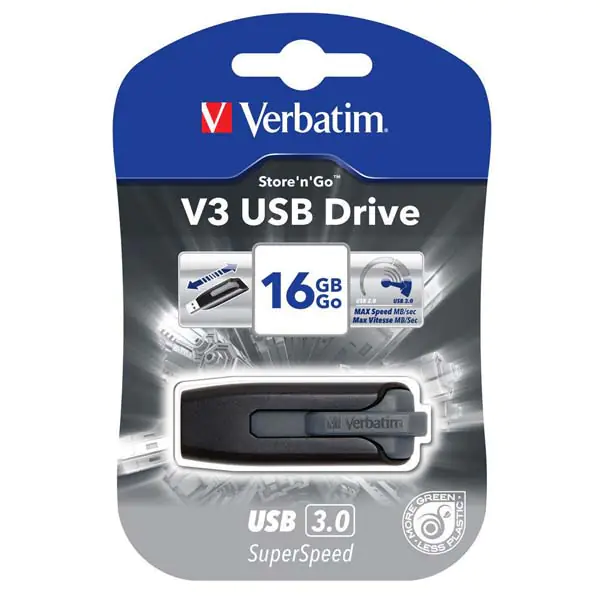 ⁨Verbatim USB flash disk, USB 3.0, 16GB, V3, Store N Go, black, 49172, USB A, with retractable connector⁩ at Wasserman.eu