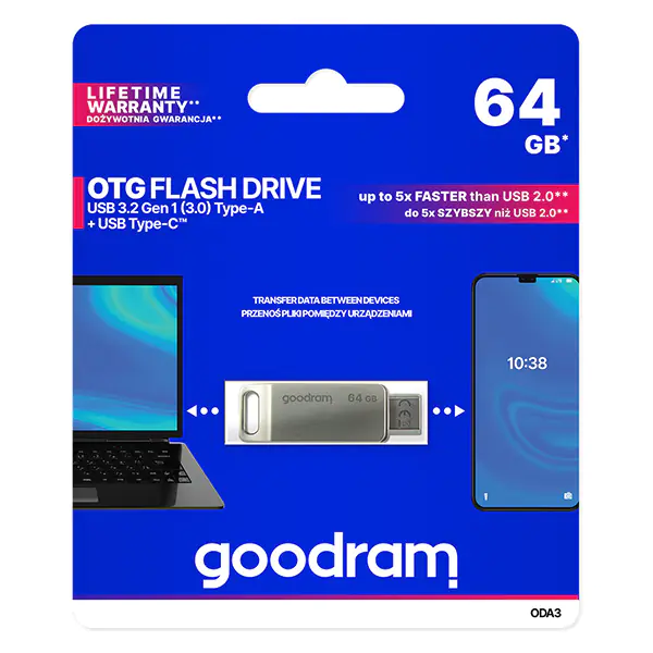 ⁨Goodram USB flash disk, USB 3.0, 64GB, ODA3, srebrny, ODA3-0640S0R11, USB A / USB C, z obrotową osłoną⁩ w sklepie Wasserman.eu