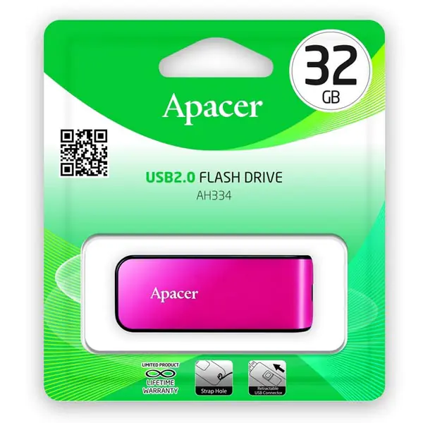 ⁨Apacer USB flash disk, USB 2.0, 32GB, AH334, pink, AP32GAH334P-1, USB A, with retractable connector⁩ at Wasserman.eu