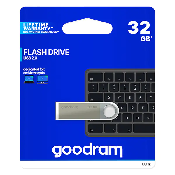 ⁨Goodram USB flash disk, USB 2.0, 32GB, UUN2, srebrny, UUN2-0320S0R11, USB A, z oczkiem na brelok⁩ w sklepie Wasserman.eu