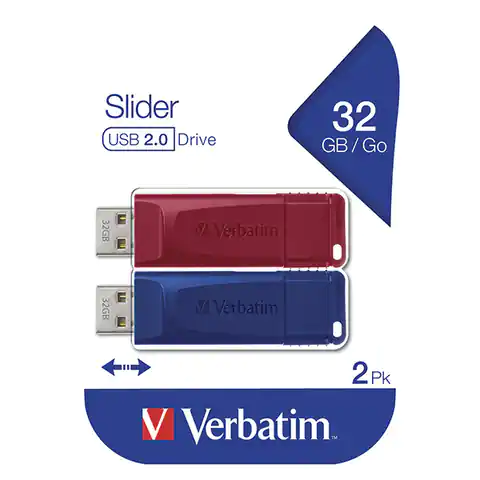 ⁨Verbatim USB flash disk, USB 2.0, 32GB, Slider, blue, red, 49327, USB A, USB with retractable connector. 2 pcs⁩ at Wasserman.eu