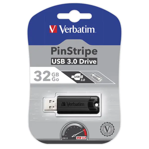 ⁨Verbatim USB flash disk, USB 3.0, 32GB, PinStripe, Store N Go, black, 49317, USB A, with retractable connector⁩ at Wasserman.eu