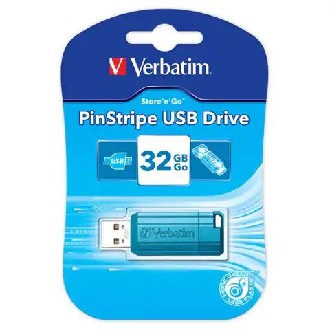 ⁨Verbatim USB flash disk, USB 2.0, 32GB, PinStripe, Store N Go, niebieski, 49057, USB A, z wysuwanym złączem⁩ w sklepie Wasserman.eu