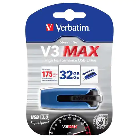 ⁨Verbatim USB flash disk, USB 3.0, 32GB, V3 MAX, Store N Go, niebieski, 49806, USB A, z wysuwanym złączem⁩ w sklepie Wasserman.eu