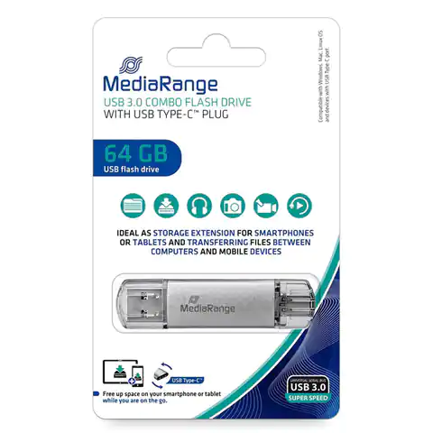 ⁨MediaRange USB flash disk, USB 3.0, 64GB, silver, MR937, USB A / USB C, with cover⁩ at Wasserman.eu
