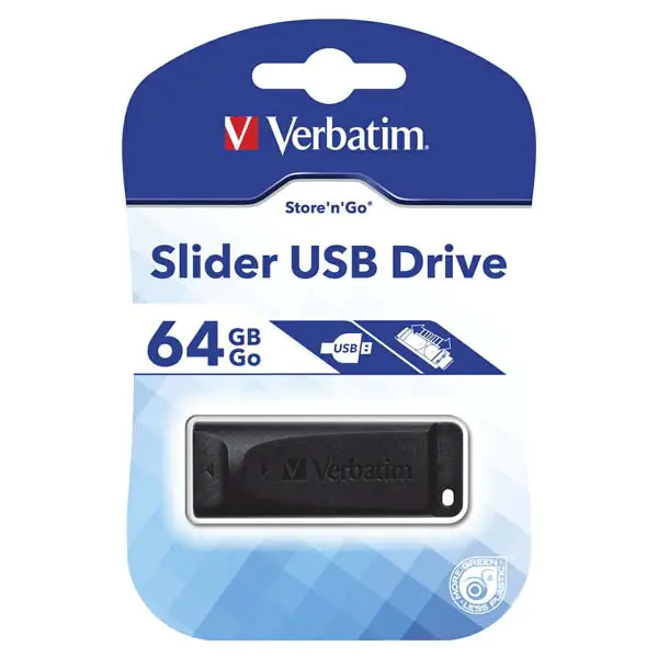 ⁨Verbatim USB flash disk, USB 2.0, 64GB, Slider, black, 98698, USB A, with retractable connector⁩ at Wasserman.eu