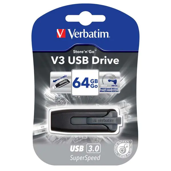 ⁨Verbatim USB flash disk, USB 3.0, 64GB, V3, Store N Go, black, 49174, USB A, with retractable connector⁩ at Wasserman.eu