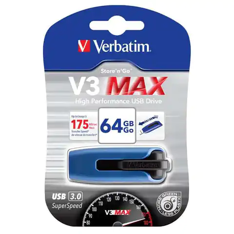 ⁨Verbatim USB flash disk, USB 3.0, 64GB, V3 MAX, Store N Go, blue, 49807, USB A, with retractable connector⁩ at Wasserman.eu