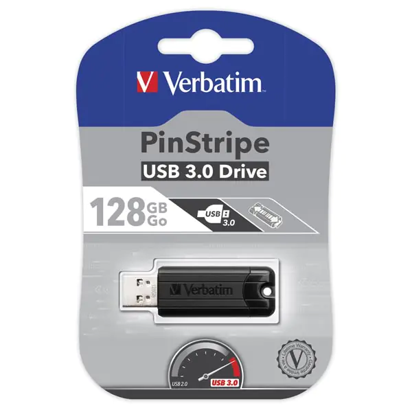 ⁨Verbatim USB flash disk, USB 3.0, 128GB, PinStripe, Store N Go, Black, 49319, USB A, with retractable connector⁩ at Wasserman.eu