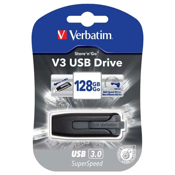 ⁨Verbatim USB flash disk, USB 3.0, 128GB, V3, Store N Go, black, 49189, USB A, with retractable connector⁩ at Wasserman.eu