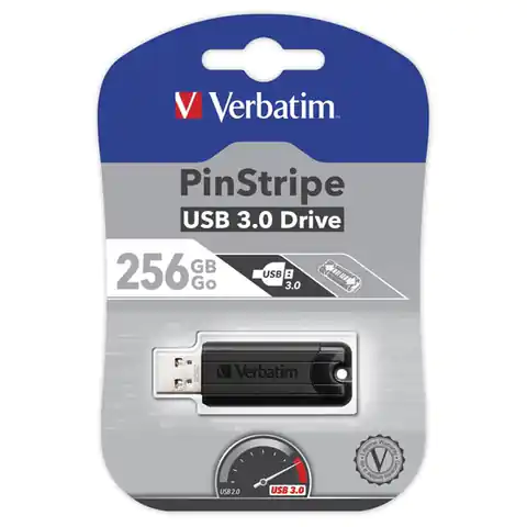 ⁨Verbatim USB flash disk, USB 3.0, 256GB, PinStripe, Store N Go, black, 49320, USB A, with retractable connector⁩ at Wasserman.eu
