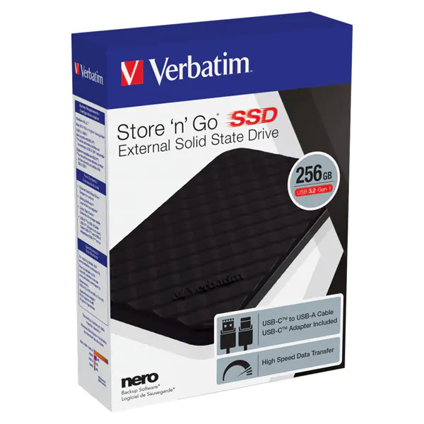 ⁨SSD Zewnętrzny Verbatim Store N Go, 53249, 256GB, czarny, USB-A/Micro-B, z adapterem USB-A na USB-C(TM), 2.5", USB-C⁩ w sklepie Wasserman.eu