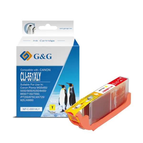 ⁨G&G compatible ink/ink with CLI551Y XL, yellow, 10,2ml, ml NP-C-0551XLY, high capacity, Canon PIXMA iP7250, MG5450, MG6350, MG75⁩ at Wasserman.eu