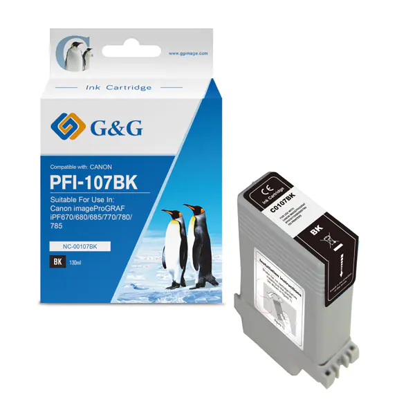 ⁨G&G compatible ink/ink with PFI107BK, black, 130ml, NC-00107BK, 6705B001, for Canon iPF-680, 685, 780, 785⁩ at Wasserman.eu