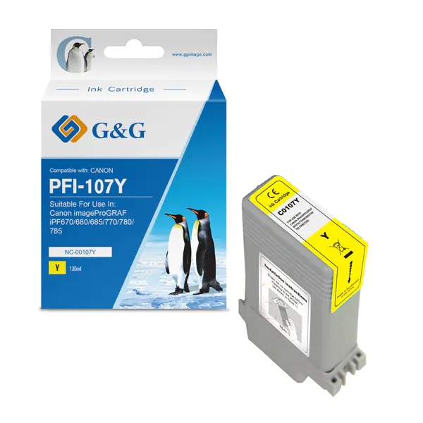 ⁨G&G kompatybilny ink / tusz z PFI107Y, NC-00107Y, 6708B001, yellow, 130ml⁩ w sklepie Wasserman.eu