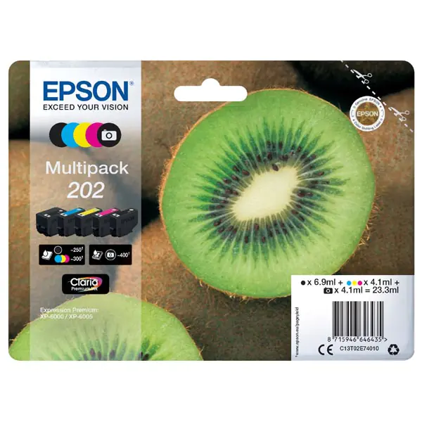 ⁨Epson original ink / ink C13T02E74010, 202, CMYK, 250 (čb)/300 (bar.) s, 1x6.9ml, 4x4.1ml, Epson XP-6000, XP-6005⁩ at Wasserman.eu