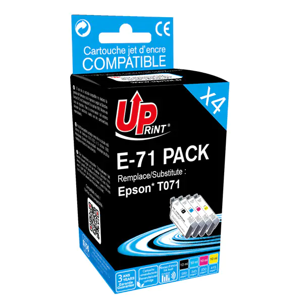 ⁨UPrint compatible ink/ink with C13T071, 1xblack/1xcyan/1xmagenta/1xyellow, 1x12 a 3x10ml, E-71 PACK, for Epson D78, DX4000, DX40⁩ at Wasserman.eu