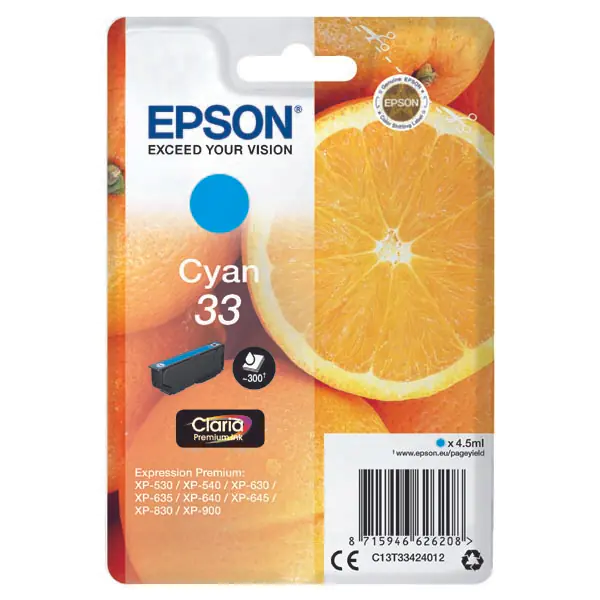 ⁨Epson Original ink/ink C13T33424012, T33, cyan, 4,5ml, Epson Expression Home a Premium XP-530,630,635,830⁩ at Wasserman.eu