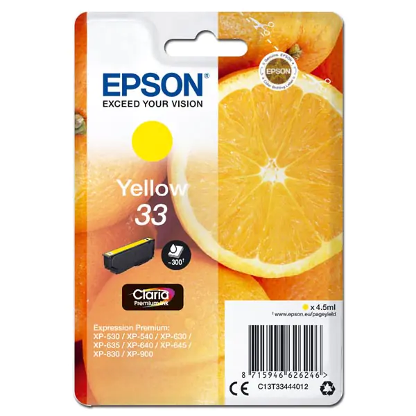 ⁨Epson original ink/ink C13T33444012, T33, yellow, 4,5ml, Epson Expression Home a Premium XP-530,630,635,830⁩ at Wasserman.eu