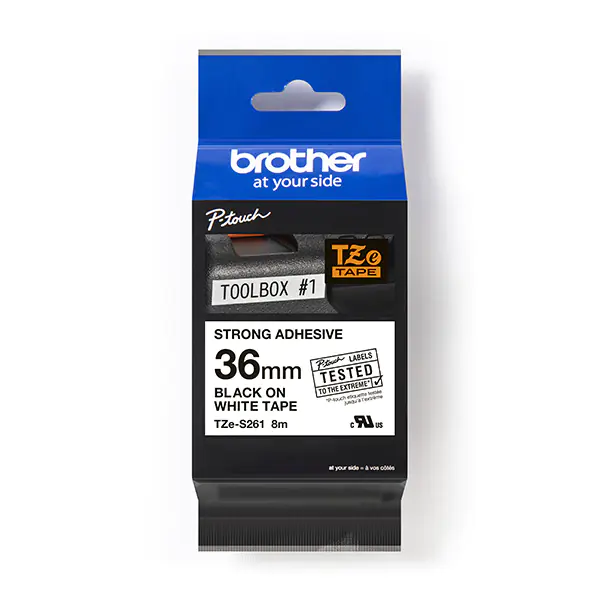 ⁨Brother original label printer ribbon, Brother, TZE-S261, black print/white backing, laminated, 8m, 36mm, strong adhesive⁩ at Wasserman.eu