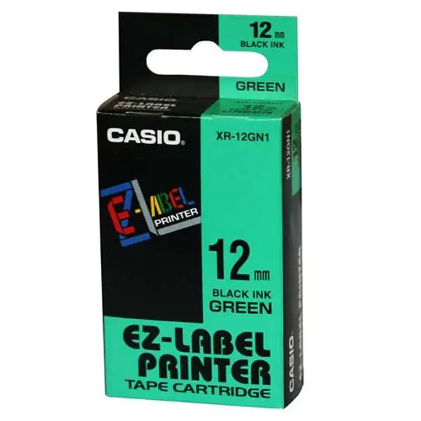 ⁨Casio oryginalny taśma do drukarek etykiet, Casio, XR-12GN1, czarny druk/zielony podkład, nielaminowany, 8m, 12mm⁩ w sklepie Wasserman.eu