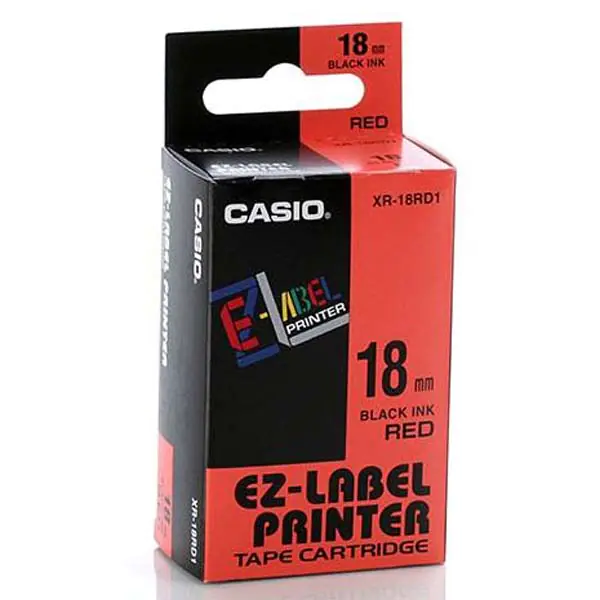 ⁨Casio original label printer ribbon, Casio, XR-18RD1, black print/red backing, unlaminated, 8m, 18mm⁩ at Wasserman.eu