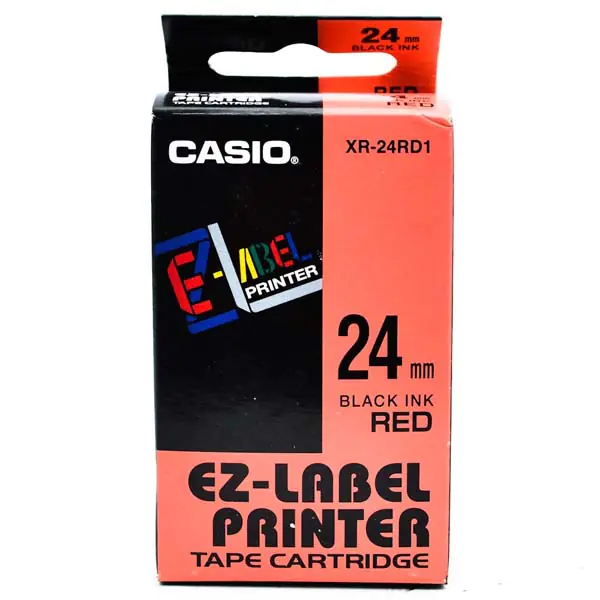 ⁨Casio original label printer ribbon, Casio, XR-24RD1, black print/red backing, unlaminated, 8m, 24mm⁩ at Wasserman.eu