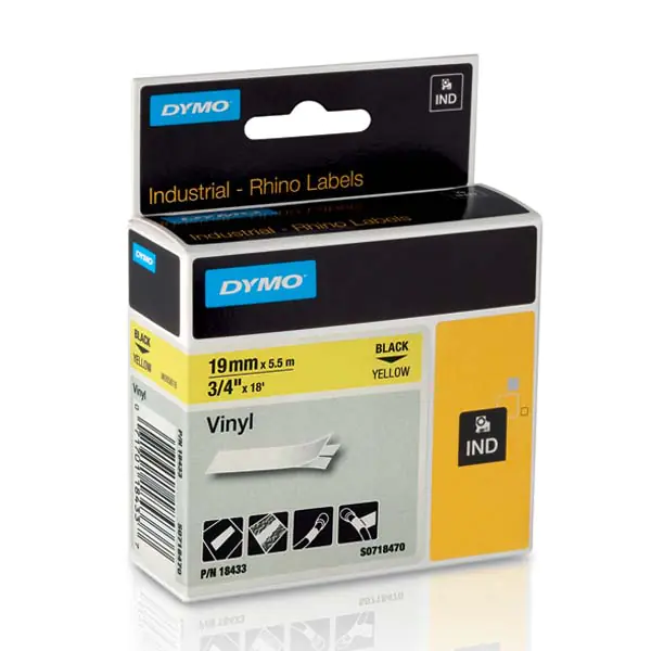 ⁨Dymo original label printer ribbon, Dymo, 18433, S0718470, black print/yellow backing, 5.5m, 19mm, RHINO vinyl D1⁩ at Wasserman.eu