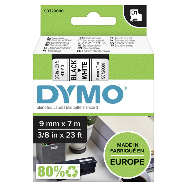 ⁨Dymo Original Label Printer Ribbon, Dymo, 40913, S0720680, Black Print/White Backing, 7m, 9mm, D1⁩ at Wasserman.eu