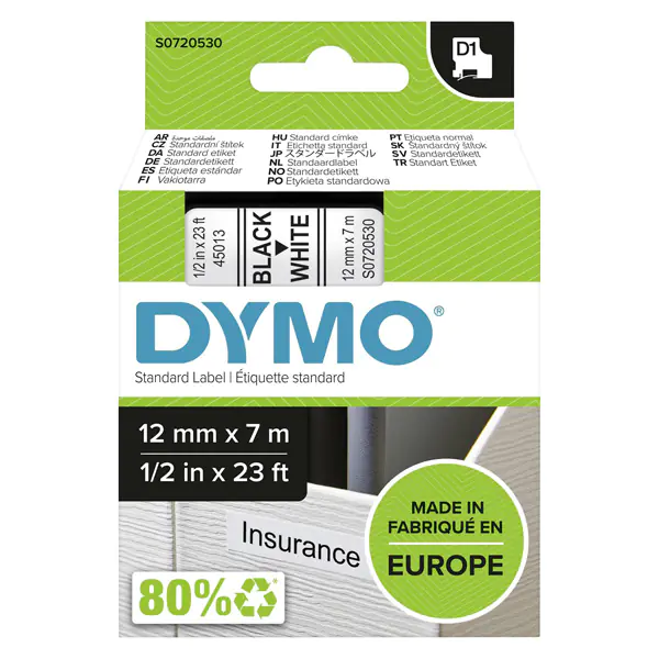 ⁨Dymo oryginalny taśma do drukarek etykiet, Dymo, 45013, S0720530, czarny druk/biały podkład, 7m, 12mm, D1⁩ w sklepie Wasserman.eu