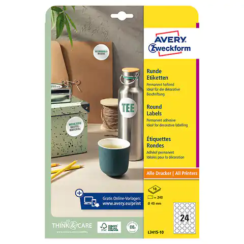 ⁨Avery Zweckform Labels 40mm, A4, white, 24 labels, packed in 10 pcs, L3415-10, for laser and inkjet printers⁩ at Wasserman.eu