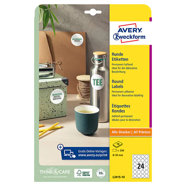 ⁨Avery Zweckform Labels 40mm, A4, white, 24 labels, packed in 10 pcs, L3415-10, for laser and inkjet printers⁩ at Wasserman.eu