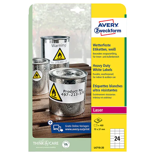 ⁨Avery Zweckform labels 70mm x 37mm, A4, matte, white, 24 labels, very durable, packed with 20 pcs, L4718-20, for printers la⁩ at Wasserman.eu