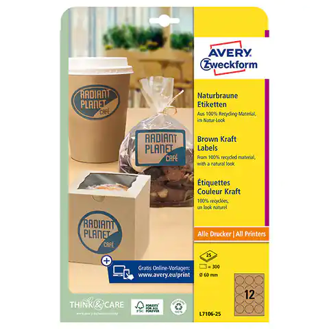 ⁨Avery Zweckform Label 60mm, A4, natural brown, 12 labels, packed in 25 pcs, L7106-25, for laser printers and atrame⁩ at Wasserman.eu