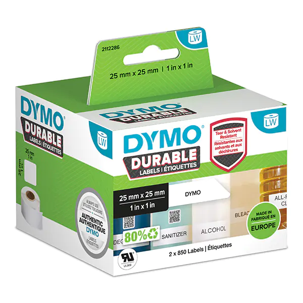 ⁨Dymo polypropylene labels 25mm x 25mm, white, multifunctional, 2x850 pcs, 2112286⁩ at Wasserman.eu