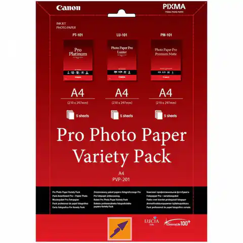 ⁨Canon Photo Paper Pro Variety Pack PVP-201, PVP-201, foto papier, 5x matowy PM-101, 5x glossy PT-101, 5x LU-101 typ połysk, 6211B0⁩ w sklepie Wasserman.eu