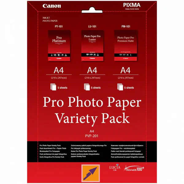 ⁨Canon Photo Paper Pro Variety Pack PVP-201, PVP-201, foto papier, 5x matowy PM-101, 5x glossy PT-101, 5x LU-101 typ połysk, 6211B0⁩ w sklepie Wasserman.eu