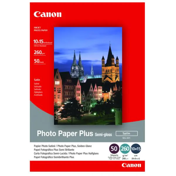 ⁨Canon Photo Paper Plus Semi-G, SG-201 S, foto papier, pĂłÂłpoÂłysk, satynowy typ 1686B015, biaÂły, 10x15cm, 4x6", 270 g/m2, 50 szt., a⁩ w sklepie Wasserman.eu