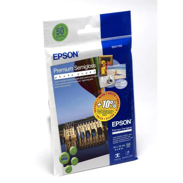 ⁨Epson Premium Semigloss Photo, foto papier, połysk, biały, 10x15cm, 4x6", 251 g/m2, 50 szt., C13S041765, atrament⁩ w sklepie Wasserman.eu