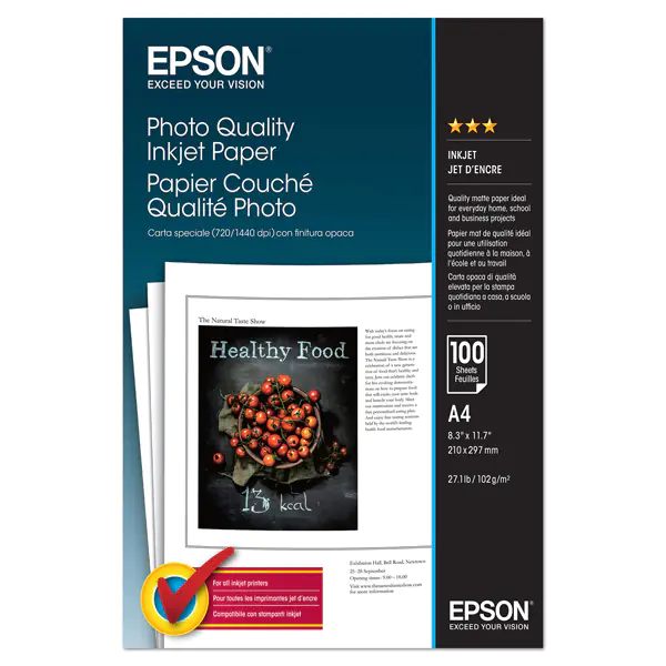 ⁨Epson Photo Quality InkJet Pa, foto papier, matowy, biały, A4, 102 g/m2, 720dpi, 100 szt., C13S041061, atrament⁩ w sklepie Wasserman.eu