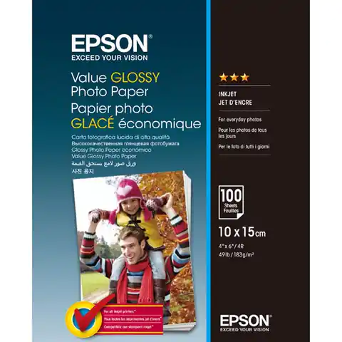 ⁨Epson Value Glossy Photo Paper, foto papier, połysk, biały, 10x15cm, 183 g/m2, 100 szt., C13S400039, atrament⁩ w sklepie Wasserman.eu