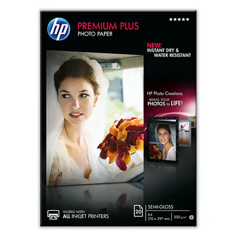 ⁨HP Premium Plus Semi-Gloss Photo Paper, CR673A, foto papier, półpołysk, biały, A4, 300 g/m2, 20 szt., atrament⁩ w sklepie Wasserman.eu